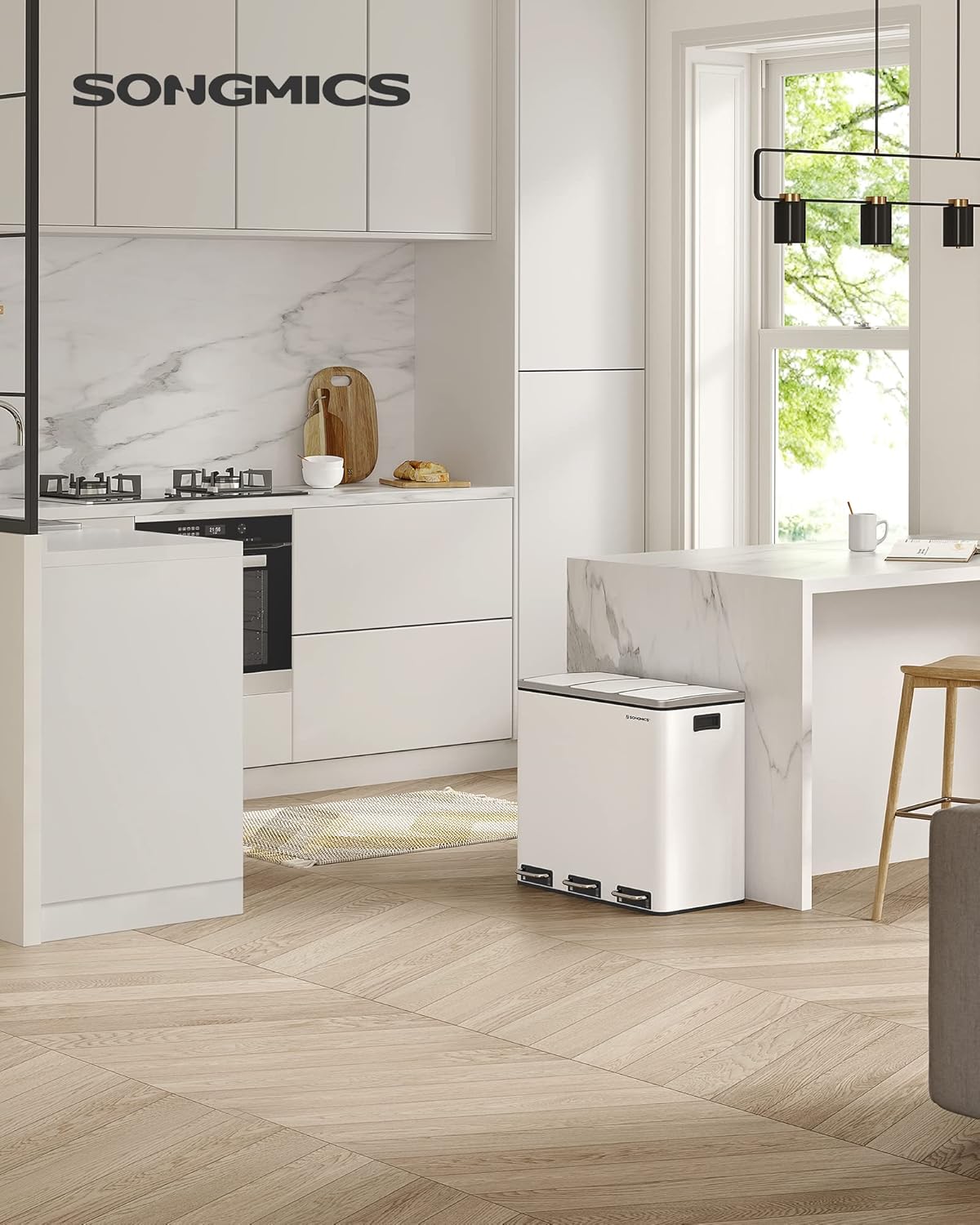 SONGMICS Mülleimer Küche, 3 x 18 L, Mülltrennsystem 3 Fächer, inklusive 15 Müllbeutel, Abfalleimer, Treteimer, für recycelbare Abfälle, Biomüll, mit Deckel, wolkenweiß LTB54WT