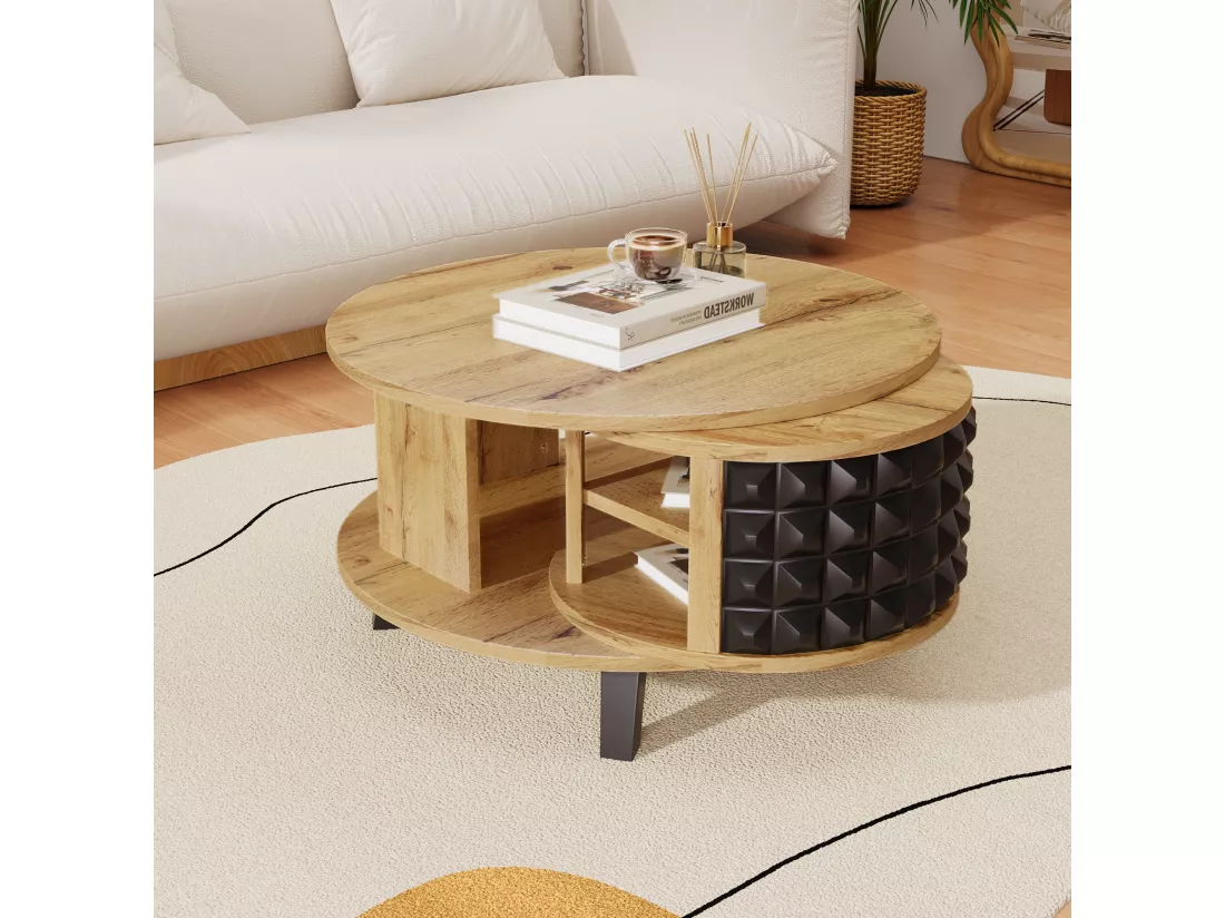 Table basse pivotante moderne avec rangement caché, design bicolore bois et noir