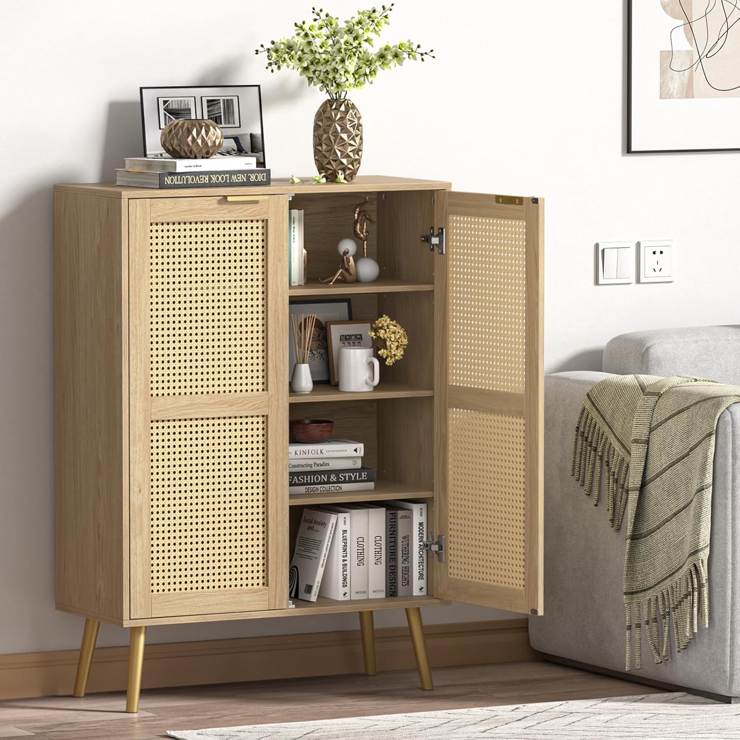 Rattan Sideboard, Küchenschrank mit 2 Türen, Buffetschrank mit verstellbares Regal, Küchenbuffet für Küche Wohnzimmer Esszimmer, Flur, Holz, Landhausstil 80 x 34 x 112 cm