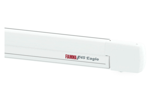 Fiamma F45eagle Markise mit Motor Gehäusefarbe Polar White Tuchfarbe Royal Grey