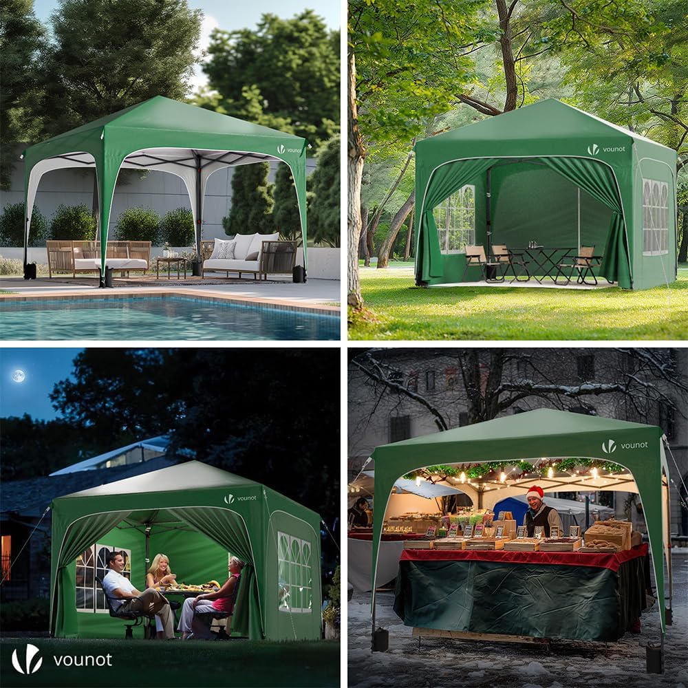 VOUNOT® Pavillon 3x3m mit 4 Seitenteilen & 4 Sandsäcke, Pop Up Faltpavillon, Wasserdicht, Faltbar Gartenzelt Partyzelt, inkl. Tasche, Grün