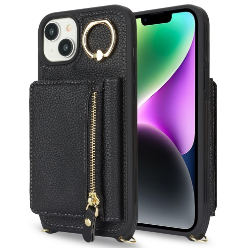 iPhone 14 / iPhone 13 Necklace Leder Hülle mit Münzfach und Kartenfächer   Finger Griff Halterung   Handykette - Schwarz