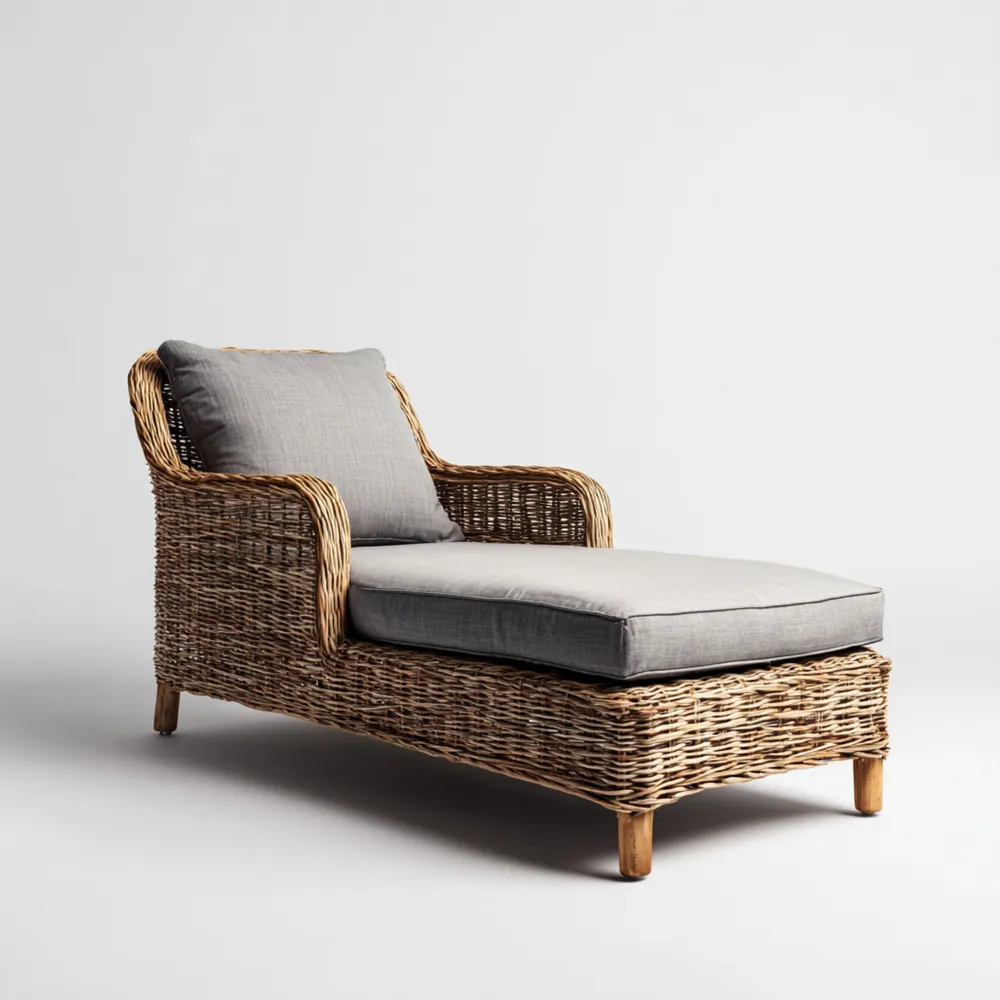 Gartenliege Rattan 200x70x80 cm – Natur/Grau mit grauem Polster
