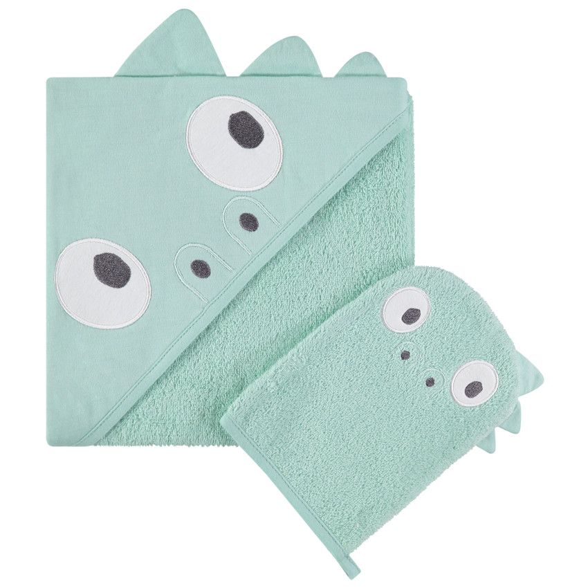 Set de bain avec cape à capuche intégrée et gant motif dinosaure - Vert