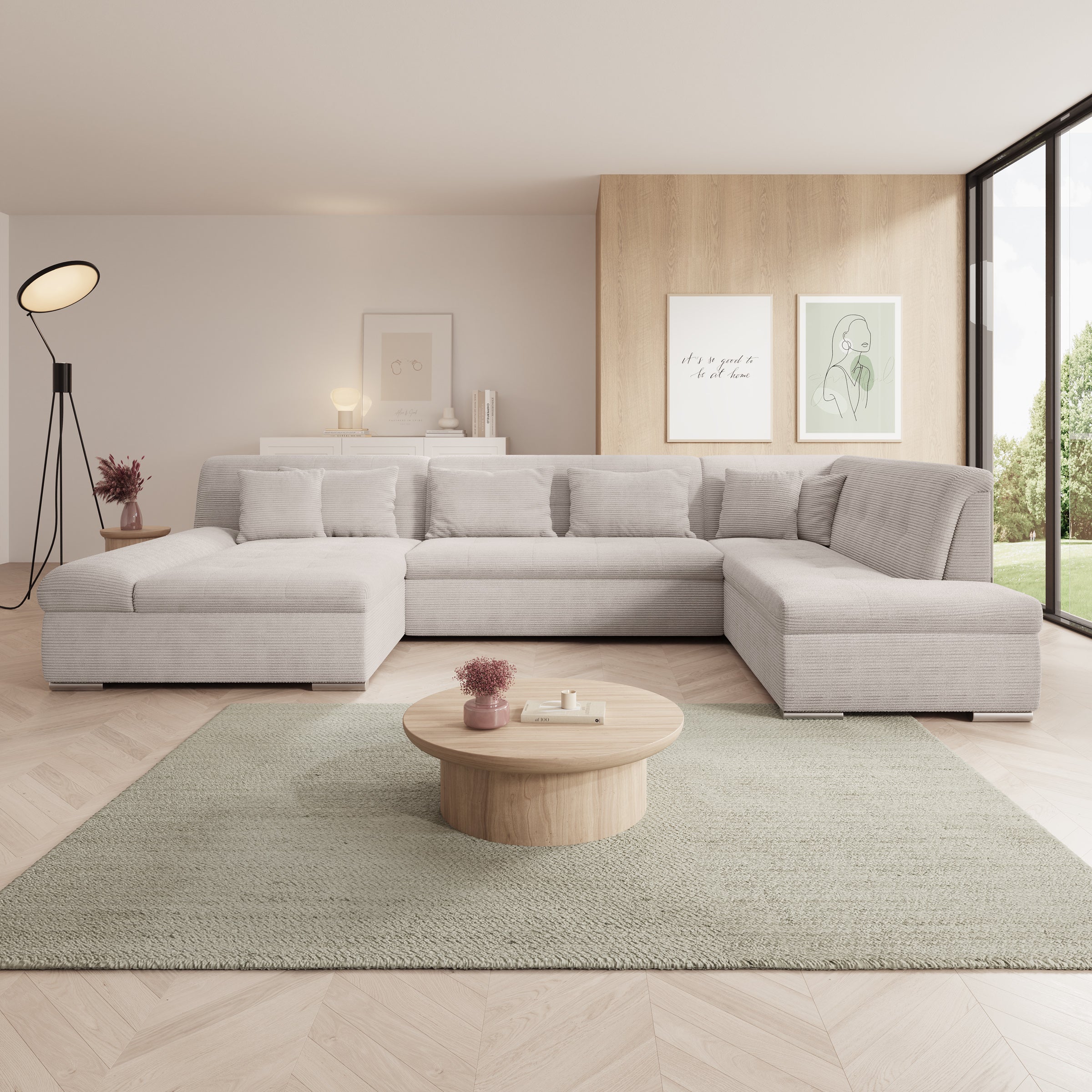Alberta XL - Hoekbank 5-zits met slaapfunctie - Ribstof beige - Links - 346x207x80 cm