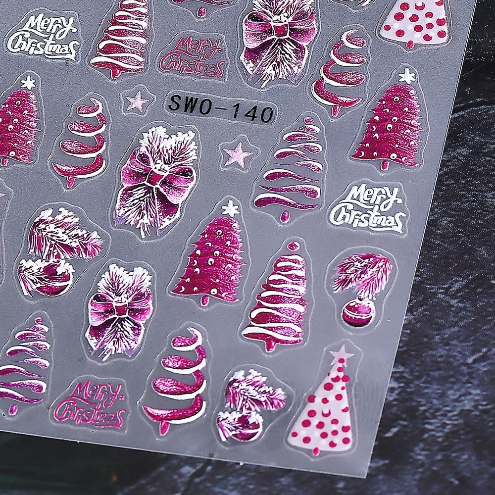 (89-tlg. Set) Nagel Sticker Nail Art Tattoo Selbstklebende Aufkleber Weihnachten - Rosa / Weiss