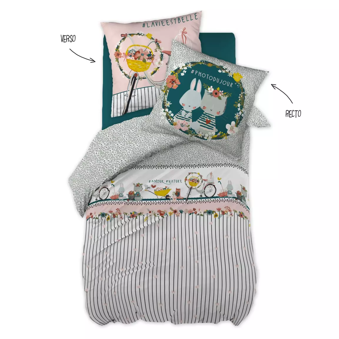 Housse de couette et une taie enfant coton (140 x 200 cm) Jardinage Multicolore