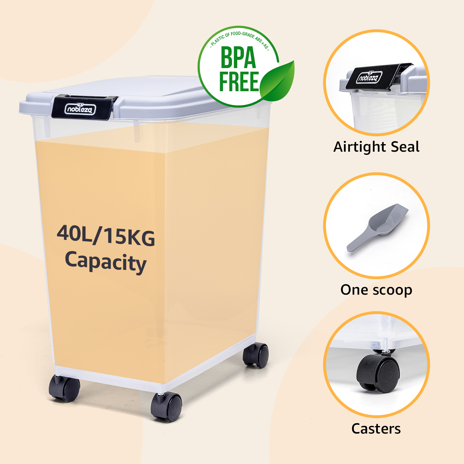 Nobleza - Recipiente para Ração de Animais de Estimação, 40L, Caixa para Ração com Rodas, Tampa Articulada, Hermética, Transparente, com Rodas e Pá, para Ração de Cães e Gatos, Cinza