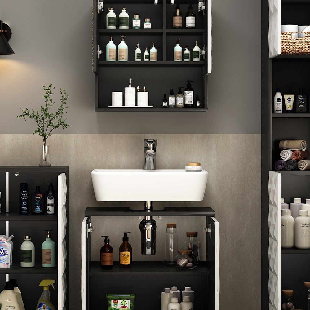 Vicco Badmöbel-Set Badezimmer-Möbel Bad-Schrank Edge Schwarz Weiß modern Badezimmerschrank Waschbeckenunterschrank Spiegelschrank Hochschrank Badezimmerkommode