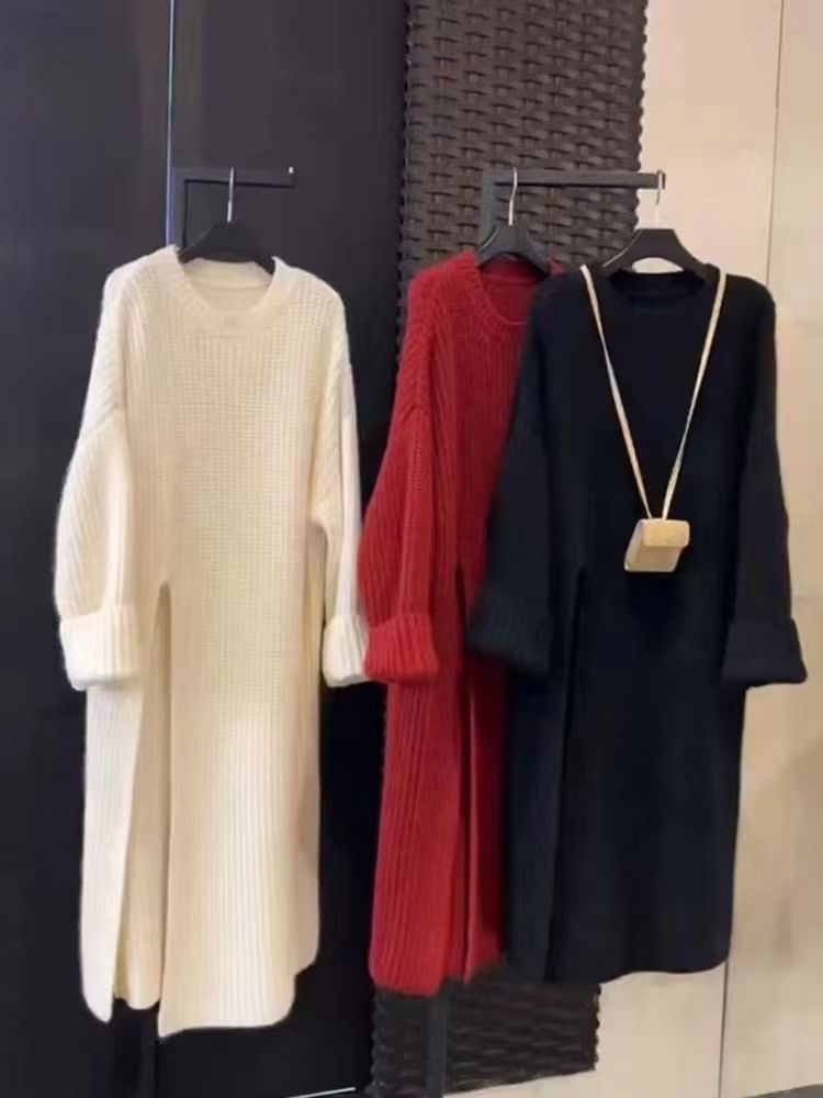 MIKIGA - Maxi-truijurk met lange mouwen, ronde hals en split