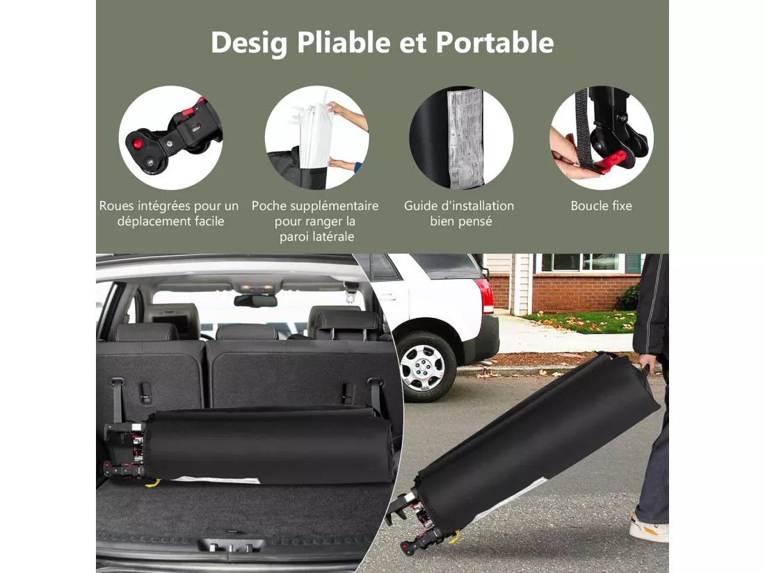 Tonnelle pop-up 3x3 m avec Paroi Latérale, Pavillon de Jardin Pliable avec Barres Transversales Suspendues, Bandes bannières et Sac à Roulettes, Protection UV 50+ (Blanc)