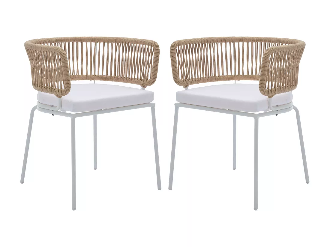 Lot de 2 fauteuils de jardin en métal et corde - Beige avec coussin blanc - PISTO de MYLIA