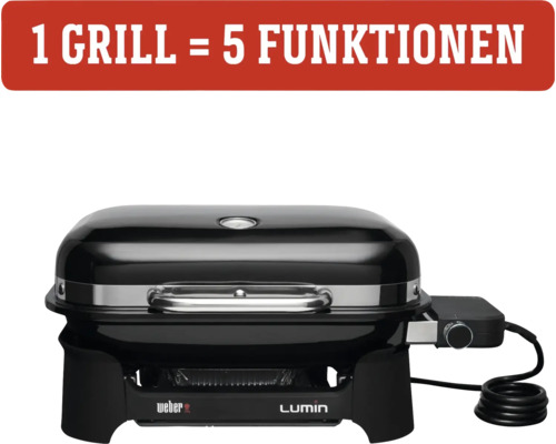 Weber Lumin Compact 2200 W elektrische grill, zwart, inclusief dekselthermometer, vetopvangbak, grillrooster en netsnoer.