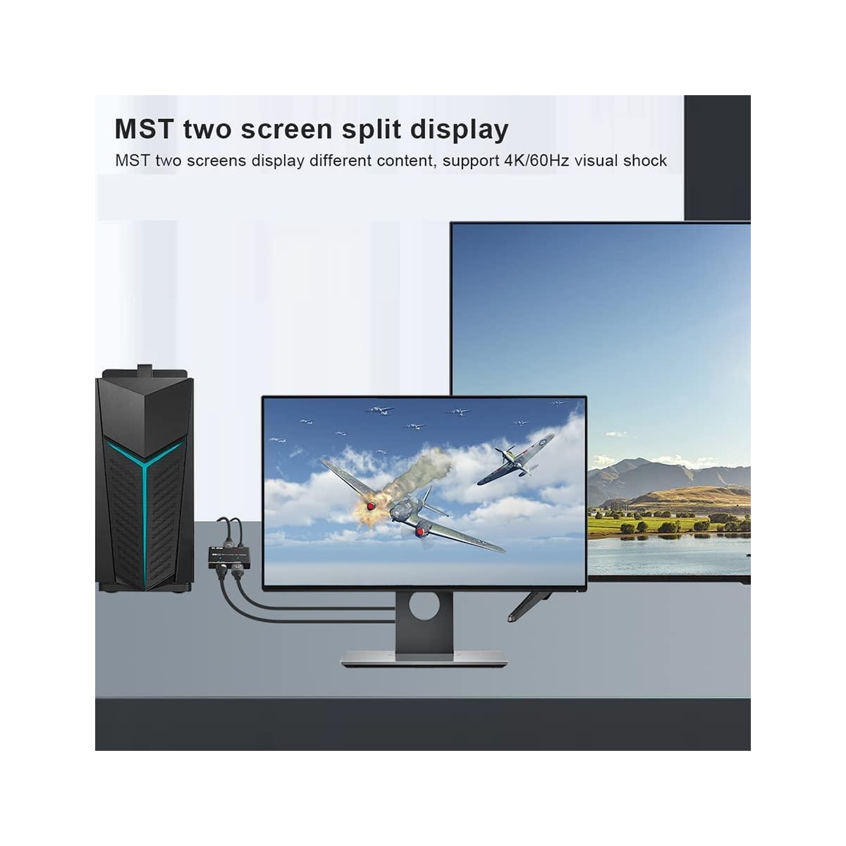 NÖRDIC 1 til 2 splitter 1xDisplayport til 1xHDMI og 1xDisplayport 8K30Hz støtte for MST og HDR