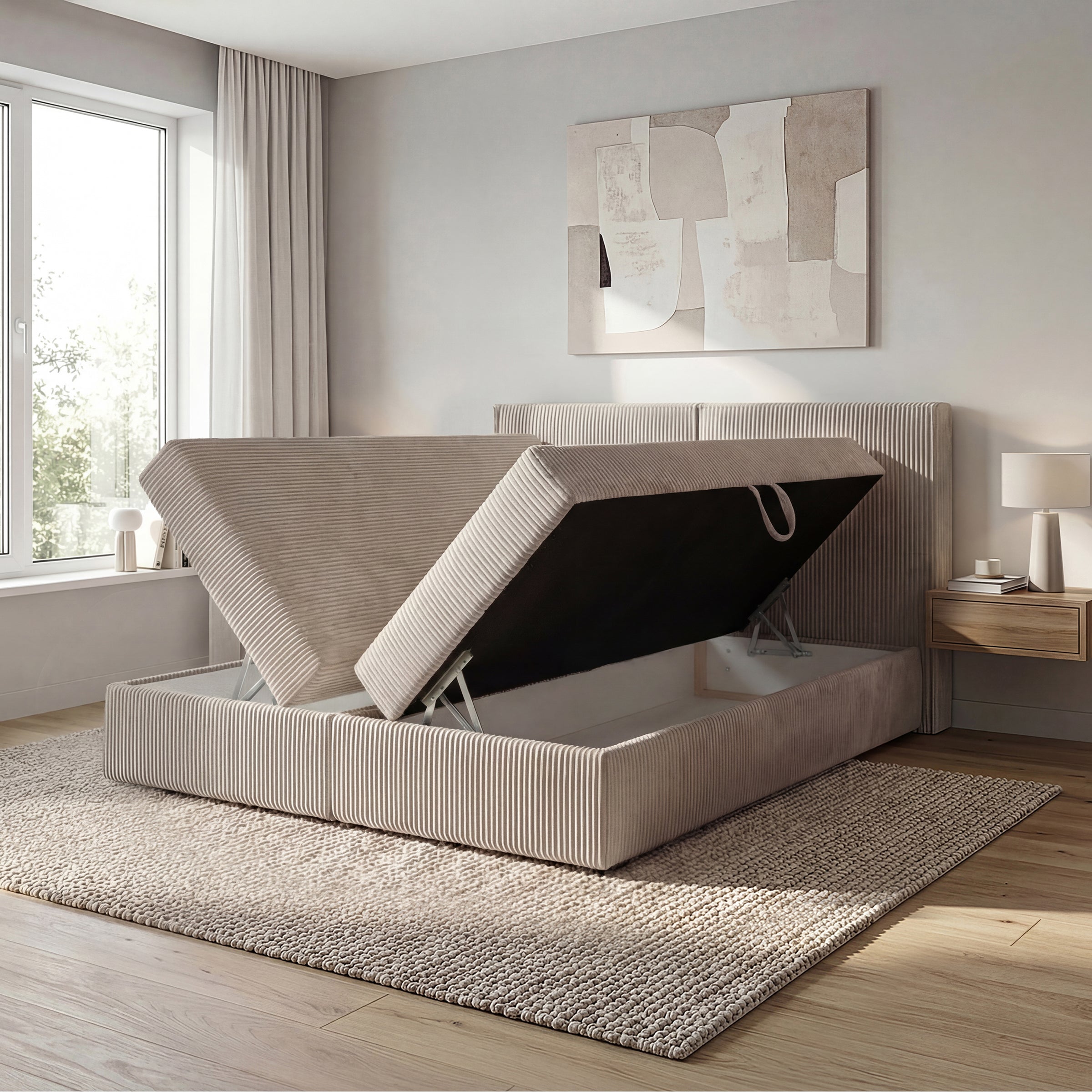 Iro - Boxspring met opbergruimte - Ribstof beige - 180x200 cm