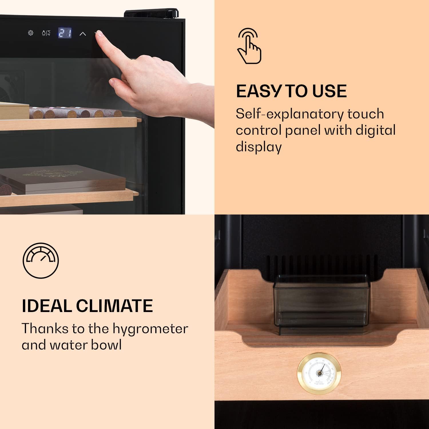 Klarstein El Presidente Zigarren Humidor - thermoelektrischer Humidor Schrank mit Glastür, Humidor Befeuchter mit Einschüben aus Zedernholz, Hygrometer, LED-Innenbeleuchtung, 23 Liter, schwarz