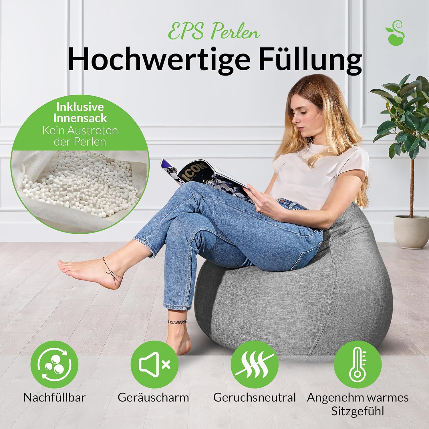Green Bean Indoor XXL Sitzsack Home Linen + Hocker mit EPS-Perlen Füllung - Sitz-Pouf Bodenkissen Liegekissen Sitzkissen Lounge Chair Sitzhocker Relax-Sessel Bean Bag Silber Grau