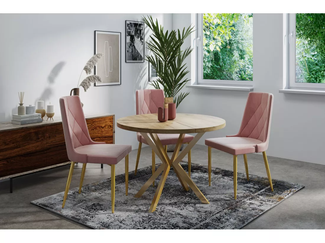 Table à Manger Extensible Ronde - Table Style Loft Avec Doré Pieds En Métal - 100 à 180 Cm - Ronde Table Style Industriel Pour Le Salon - Compacte - 100 Cm - Chêne