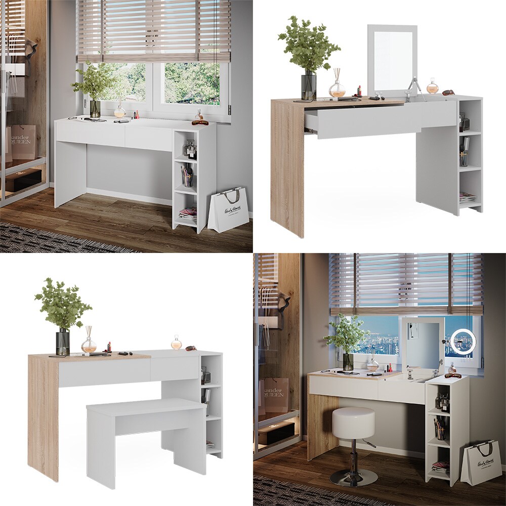 Vicco Schminktisch Kira, 129 x 76 cm, Weiß Sonoma, Frisiertisch inkl. Spiegel, modern