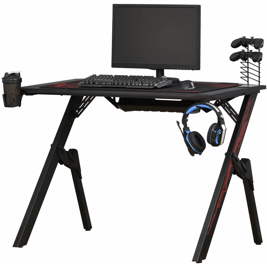 HOMCOM Gamingtisch mit Headset-Haken und Getränkehalter rot, schwarz