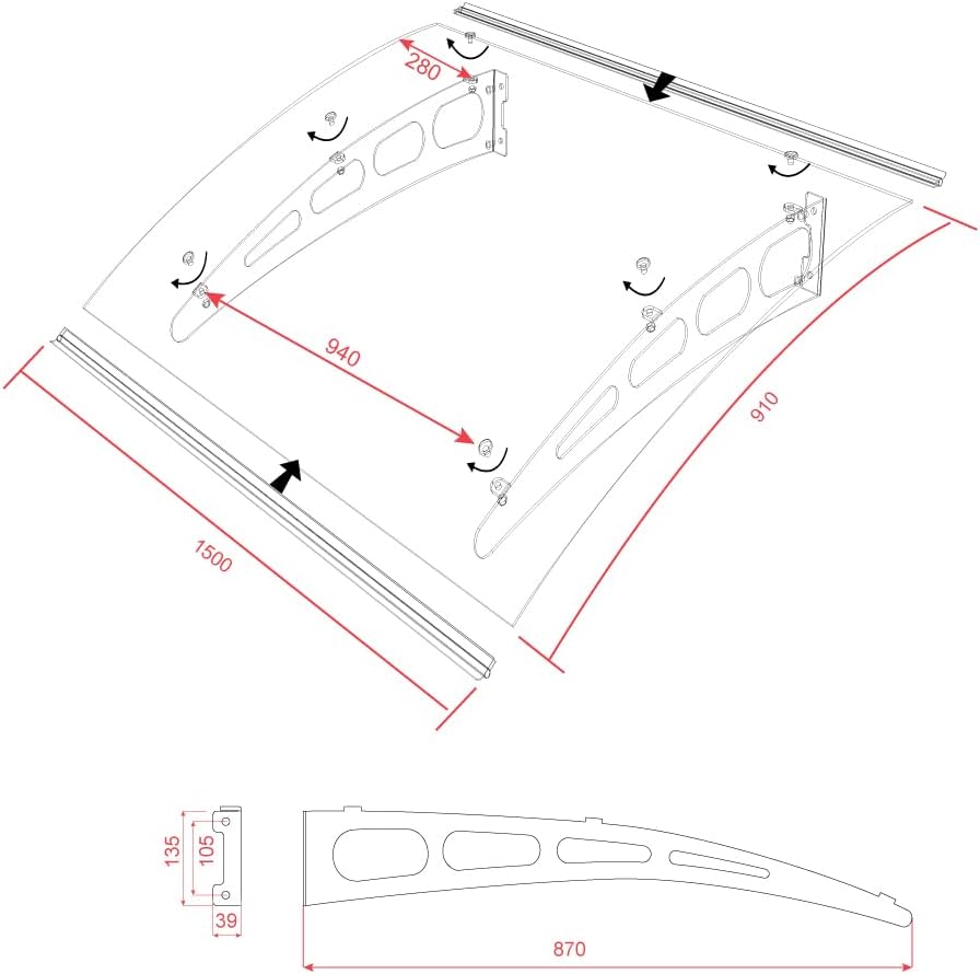 SCHARTEC Aluminium-Vordach gewölbt als Haustürvordach in 120 oder 150 cm Breite - Vordach für Haustür Überdachung (1500 x 900 mm) Eingangsüberdachung Regenschutz