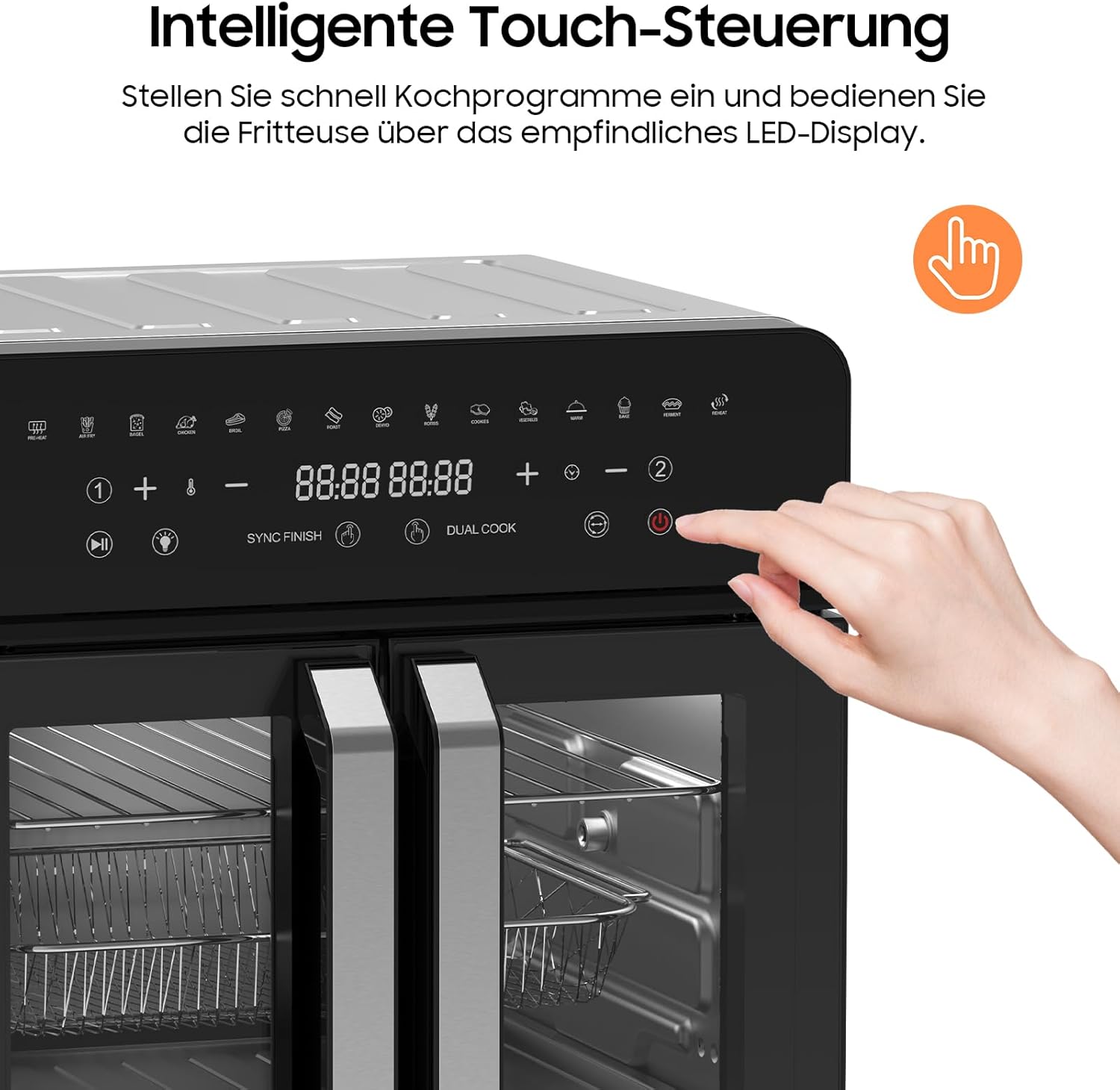 Heißluftfritteuse 23L Dual Zone - XXL Airfryer mit French Door | Heissluftfritteuse Ofen mit Doppelkammer, 15 Programme, 2200W, 12 Zubehör, Herausnehmbarem Trenner für Kochraum, 50-200℃