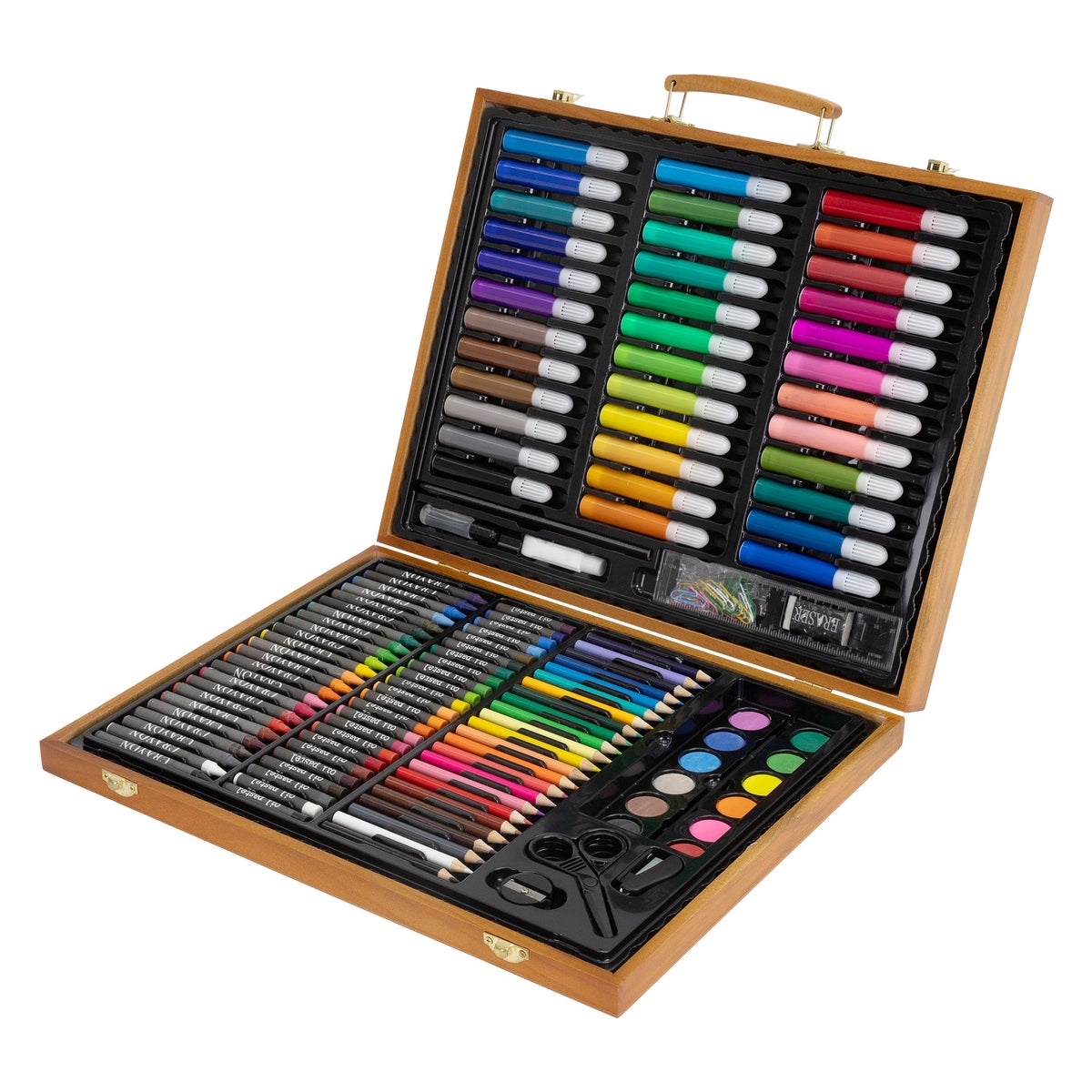 ECD Germany 150-delige schilderset met houten kist, schilderkist, verfdoos, kunst- en tekenset, acrylverf, kleurpotloden, kleurpotloden, waterverf en accessoires, kunstenaarsset voor tekenen, kunstbenodigdheden