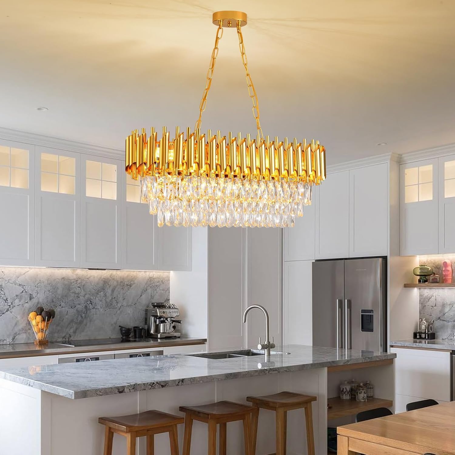Moderne Kristall-Kronleuchter für Esszimmer 8-Licht Gold Kristall-Kronleuchter Wohnzimmer Oval Zeitgenössische Decke Hängelicht Anhänger Leuchte für Küche Insel Restaurant L80CM
