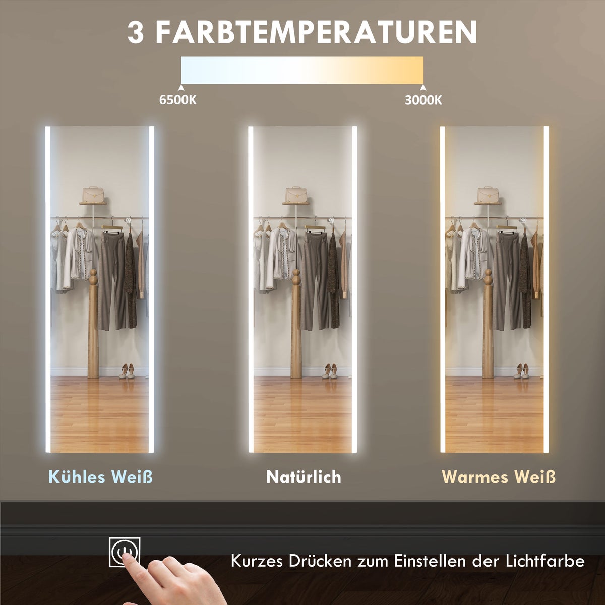 HOMCOM Grote spiegel, wandspiegel, staande spiegel met LED-licht, aanraakschakelaar, kapspiegel met 3 lichtkleuren, voor woonkamer, gang, 150 x 50 x 2,9 cm, aluminium, wit