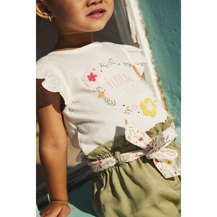 T-shirt manches courtes volantées et print pour bébé fille - Ecru