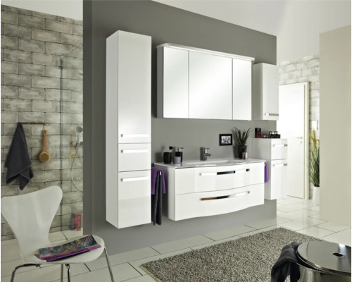 3-delige badkamermeubelset Pelipal xpressline 4005 BxHxD 120 x 200 x 49,1 cm, hoogglans witte fronten, met witte glazen wastafel en glazen wastafelmeubel, wastafelkast, spiegelkast met LED-verlichting, verchroomde grepen, 992.1200211 9921200211