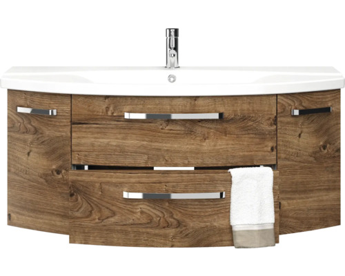 Badkamermeubelset Pelipal serie 4010, afmetingen (B x H x D): 122 x 200 x 48 cm, fronten in eikenhouten look, Ribbeck badkamermeubelset met 4 delen, inclusief witte keramische wastafel, keramische wastafelkast en spiegelkast met ledverlichting.