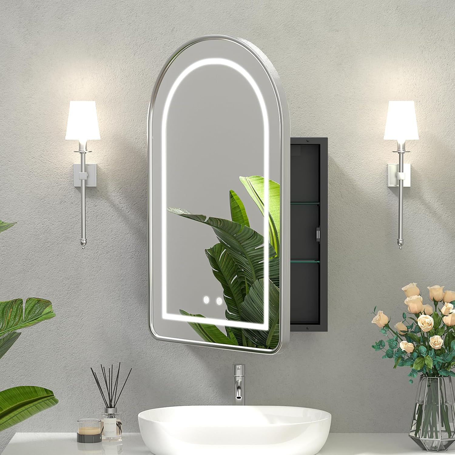 Arched Medicine Cabinet with Lights, Arch LED Cabinet with Mirror,Metal Framed Mirror Cabinet for Bathroom, Lighted Arched Medicine Cabinet Defogger, Oil Rubbed Nickel,20''x31''
