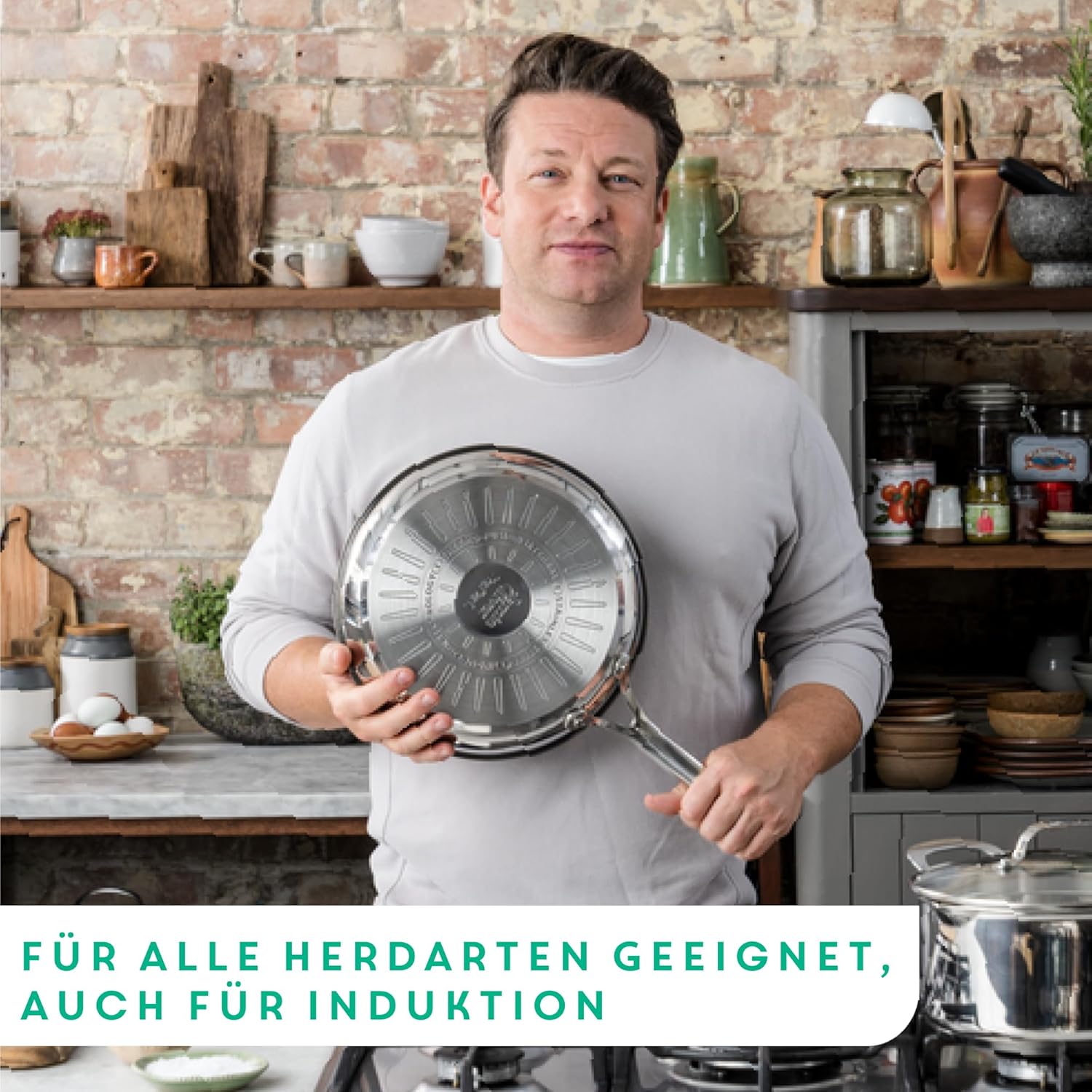 Tefal Jamie Oliver Cook's Direct On Pfannenset 20/24/28 cm, Thermo-Signal bei idealer Brattemperatur, Antihaft, Bratpfannen Induktion, rostfrei, backofenfest, genieteter Griff, E304S344