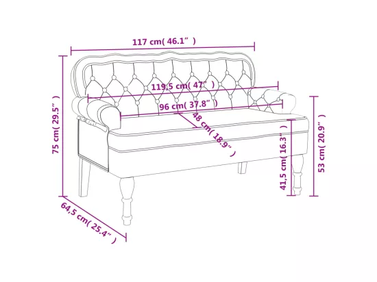 Banc avec dossier gris clair 119,5x64,5x75 cm velours