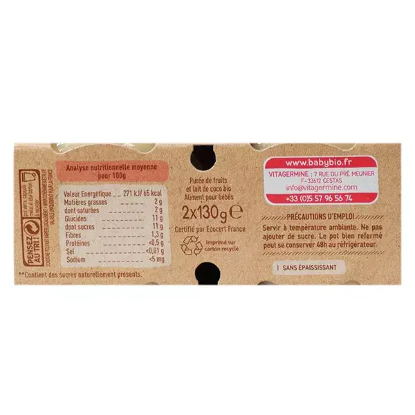 Babybio Frutas em Pote Maçã Banana Leite de Coco +6m Orgânico 2 x 130g