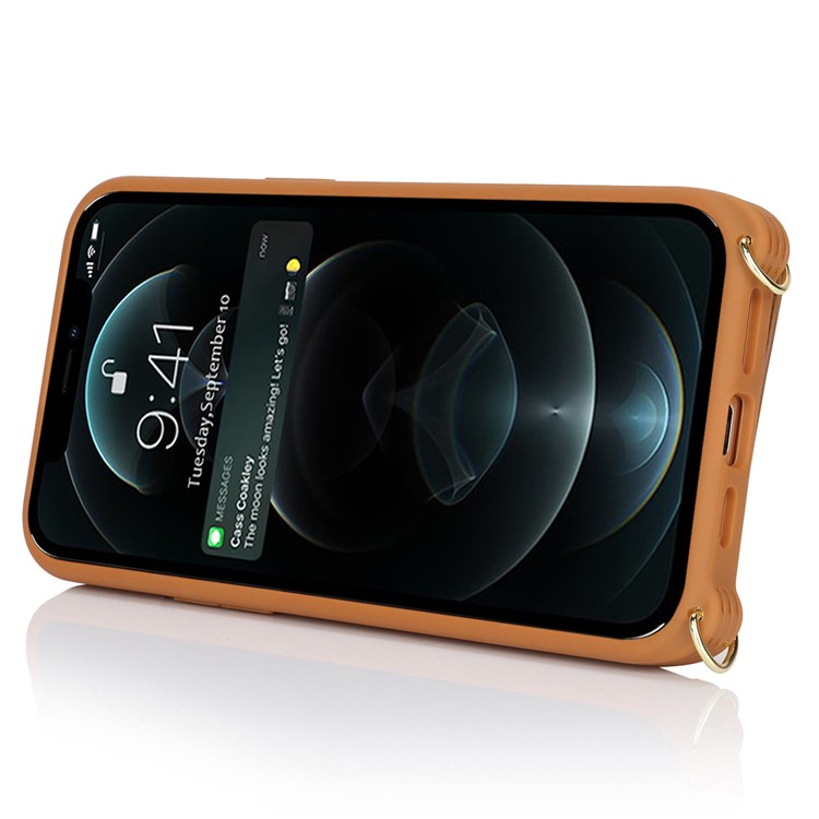iPhone 12 / iPhone 12 Pro Necklace Leder Hülle mit Münzfach und Kartenfächer   Finger Griff Halterung   Handykette - Braun