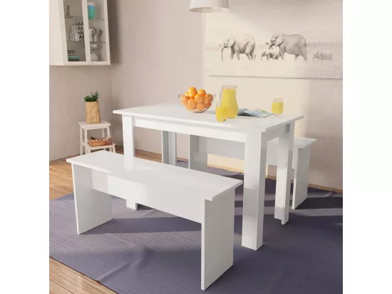 Table de salle à manger et bancs 3 pcs Bois d'ingénierie Blanc