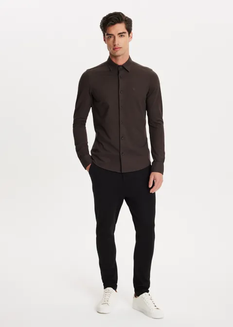 Overhemd pique stretch bruin (BRN.D)