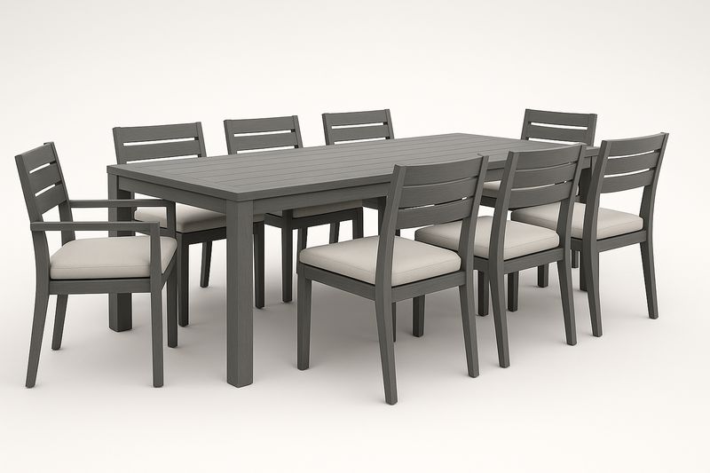 Esszimmer-Set aus Aluminium mit 8 Stühlen und Polyesterkissen Grau