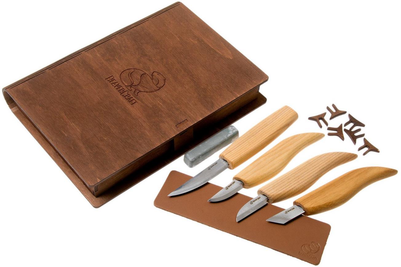 BeaverCraft Basic Set of 4 Knives S07 Book houtsnijset met houten opbergboek
