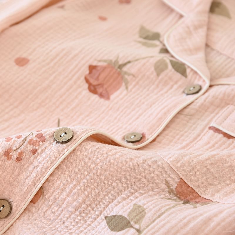 MelMount - Pyjamaset: overhemd met lange mouwen en bloemenprint + broek