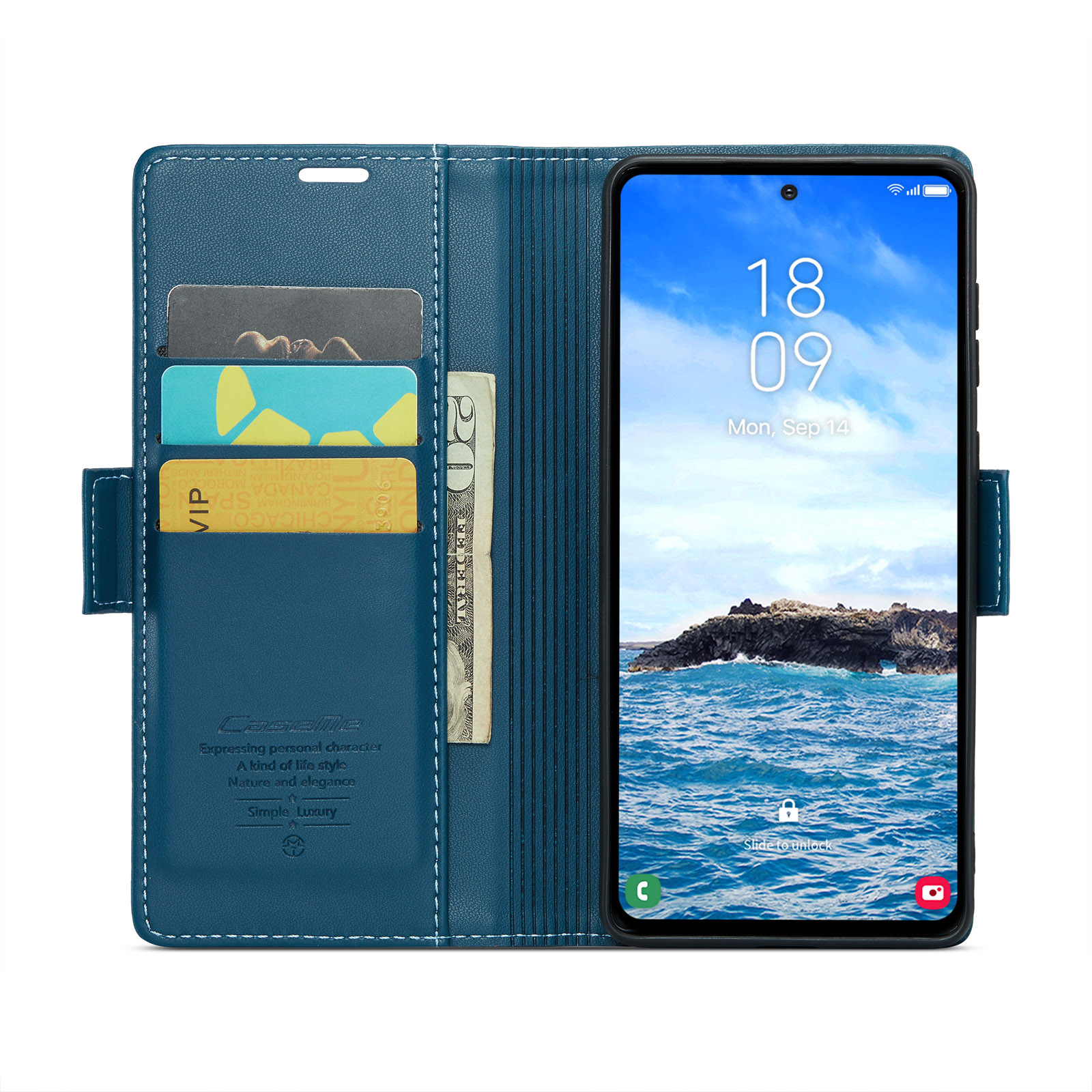 Samsung Galaxy S24 FE Leder Tasche Flip Wallet Etui mit Kartenfächern Litchi Look (RFID Schutz) - Blaugrün