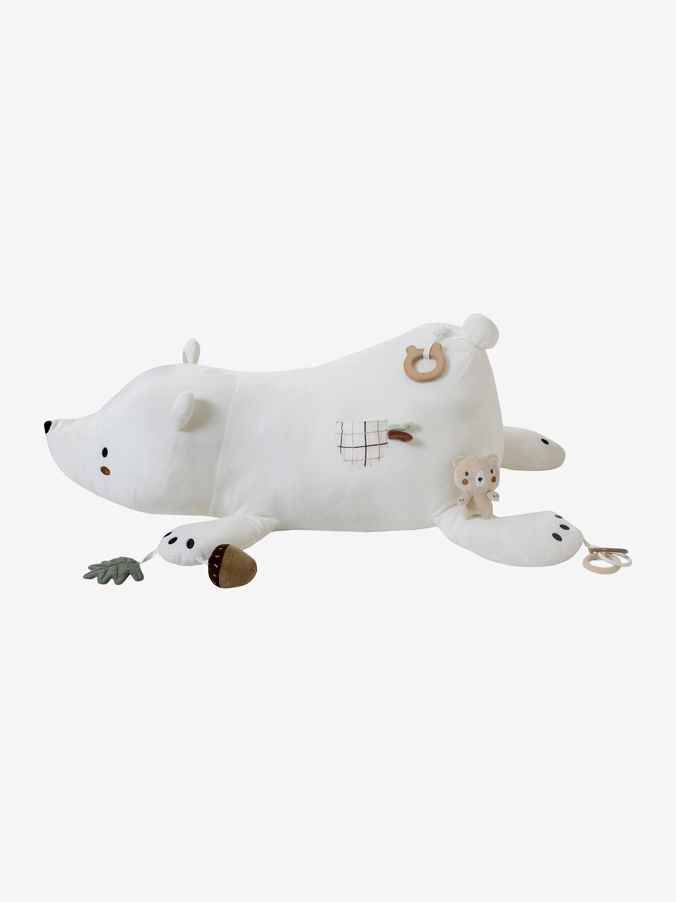 Brinquedo de pelúcia grande multicolorido com tema de floresta verde.