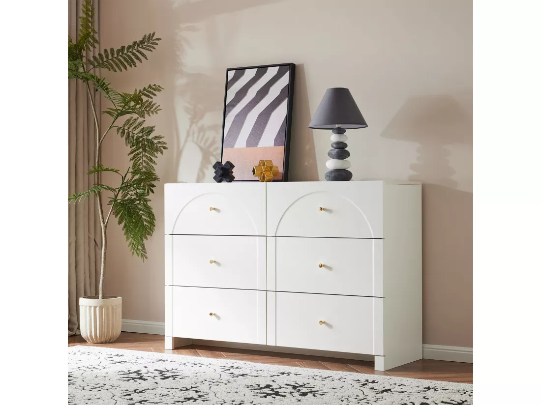 Commode avec 6 tiroirs pour salon et chambre à coucher - 120 x 40 x 82 cm - panneaux de particules - Blanc
