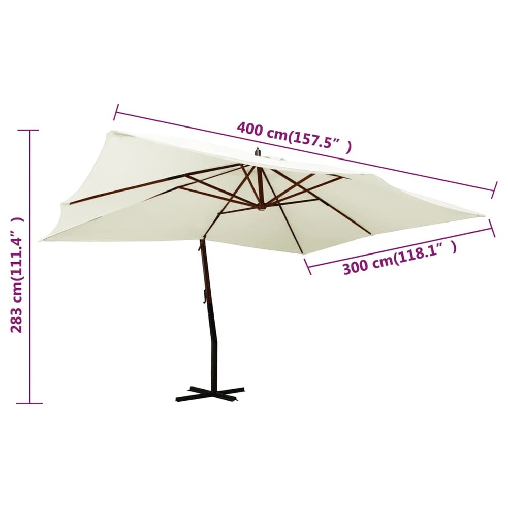 Parasol meuble de jardin en porte-à-fau x avec mât en bois 400 x 300 cm blanc sable