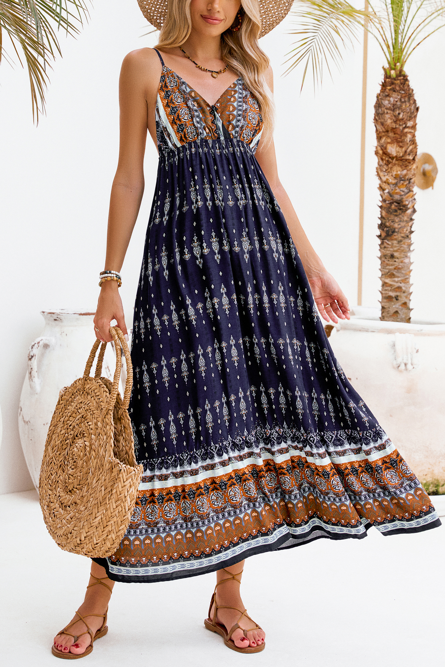 Robe midi sans manches à motifs contrastés boho