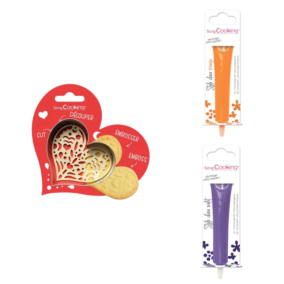 Kit pour biscuit en relief Coeur + 2 Stylos au chocolat orange et viol