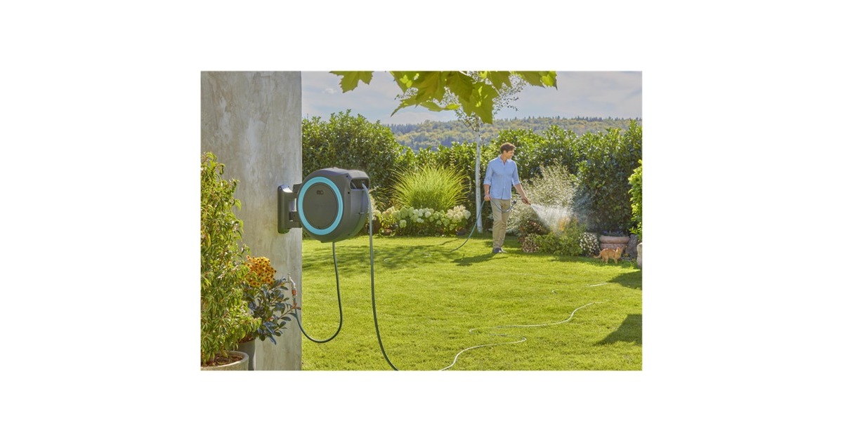 GARDENA35 m Wand-slangenbox Powerroll XL slanghaspel  (Grijs/turquoise, 35 meter, Accu en oplader niet inbegrepen, POWER FOR ALL ALLIANCE)