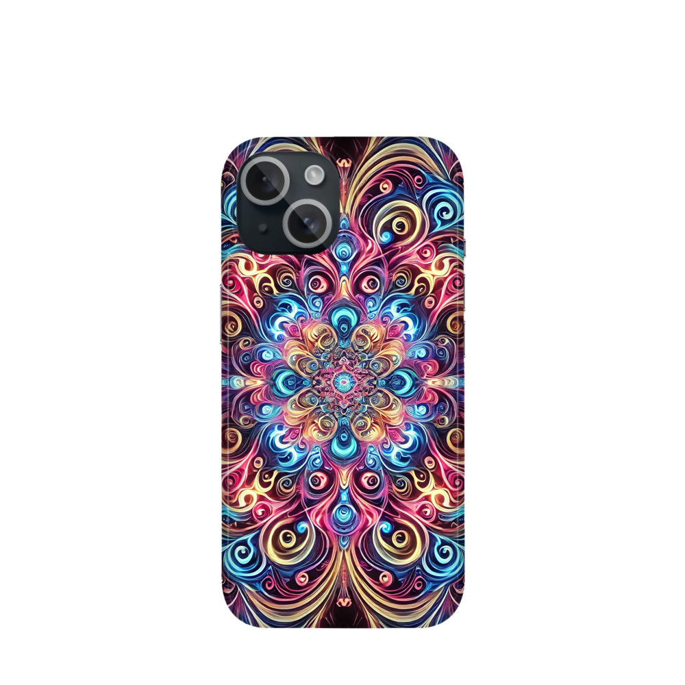 iPhone 15 Kunststoff Hülle Neon Mandala - Blau / Gelb / Rot